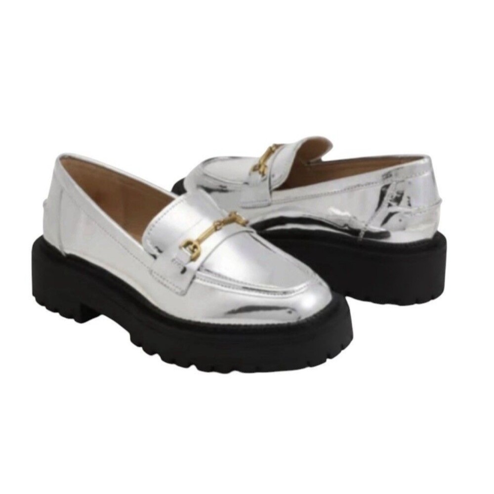Sam Edelman Girls Laurs Lug Sole Loafers Silver Shiny Classic Fashionista NWOP